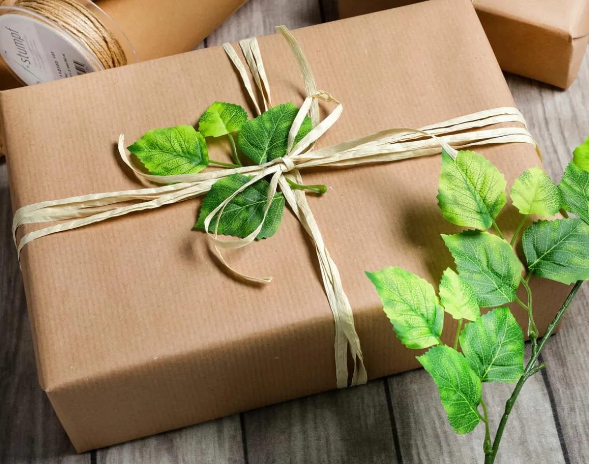 Caja De Regalo Go Green Con Rafia Blanca Y Cinta De Yute