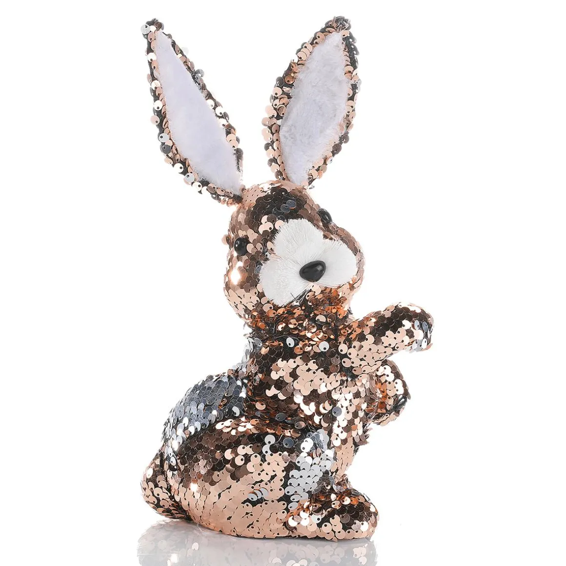Conejo De Pascua Decorativo Con Lentejuelas Reversibles Cobre Y Plata, 21 Cm
