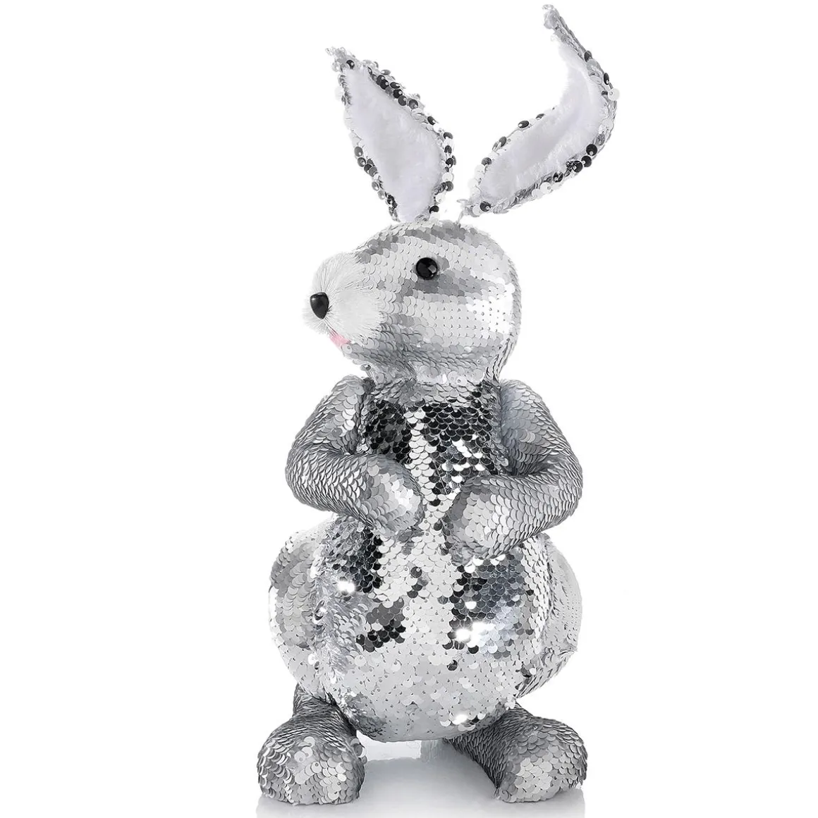 Conejo De Pascua Decorativo Con Lentejuelas Reversibles Plata, 35 Cm