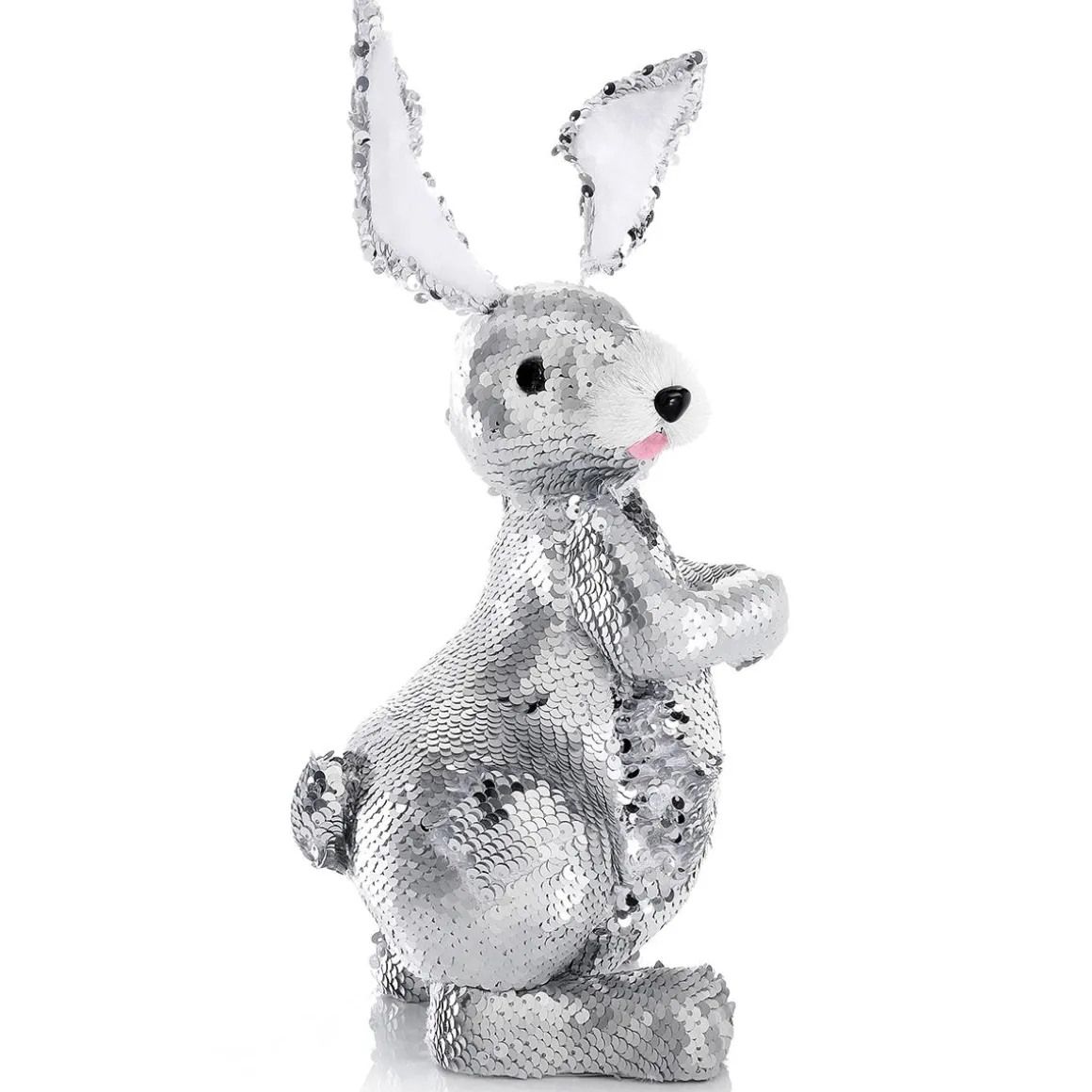 Conejo De Pascua Decorativo Con Lentejuelas Reversibles Plata, 35 Cm