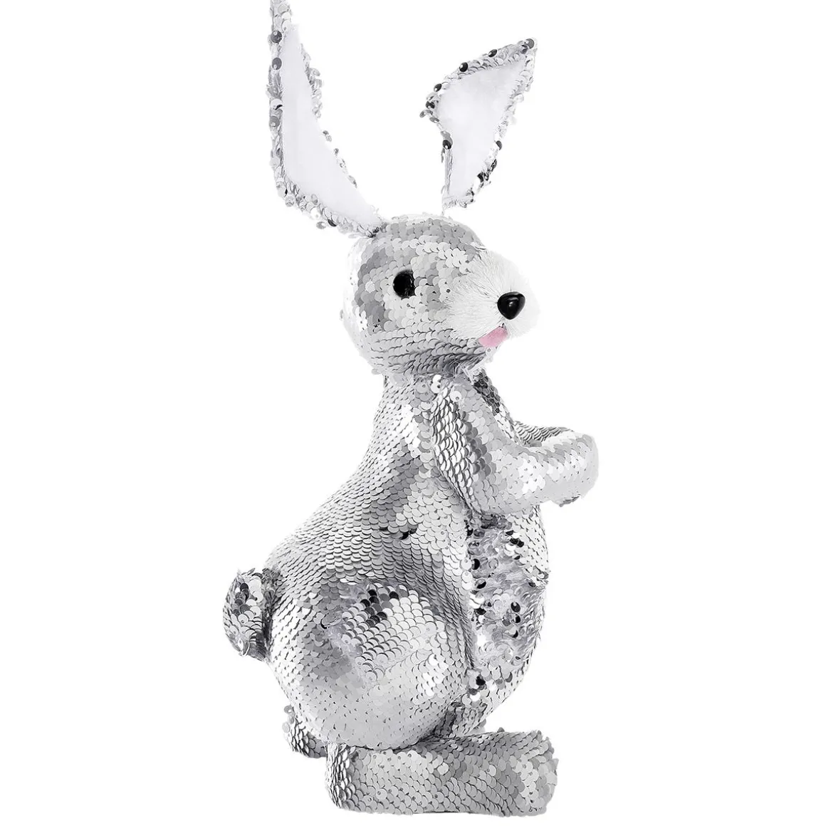 Conejo De Pascua Decorativo Con Lentejuelas Reversibles Plata, 35 Cm