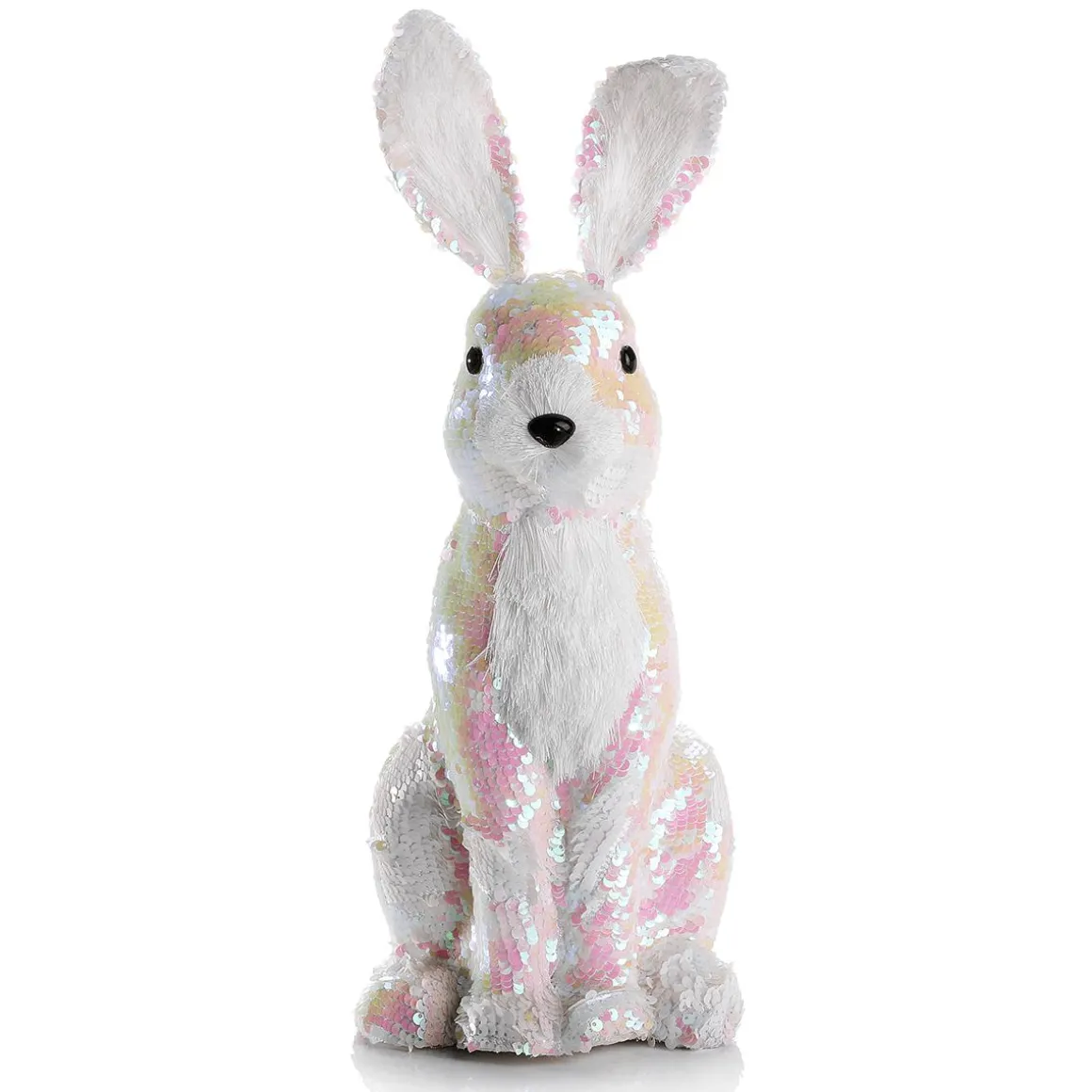 Conejo De Pascua Decorativo Con Lentejuelas Reversibles Blanco Iridiscente 42 Cm