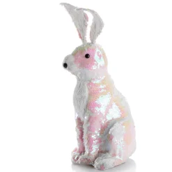 Conejo De Pascua Decorativo Con Lentejuelas Reversibles Blanco Iridiscente 42 Cm