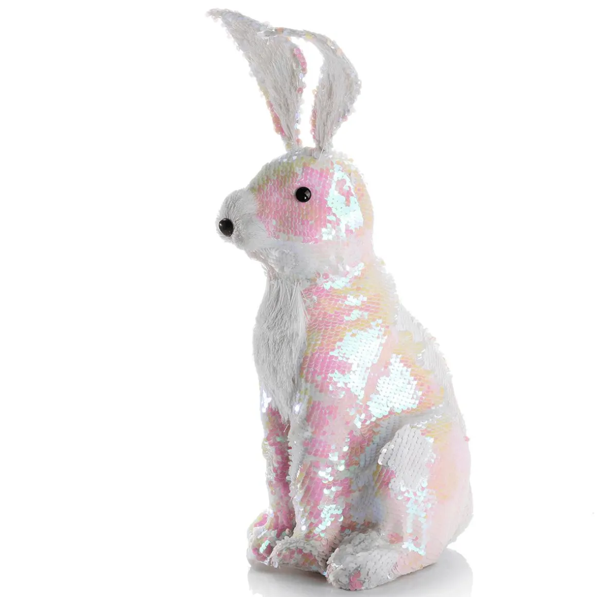 Conejo De Pascua Decorativo Con Lentejuelas Reversibles Blanco Iridiscente 42 Cm
