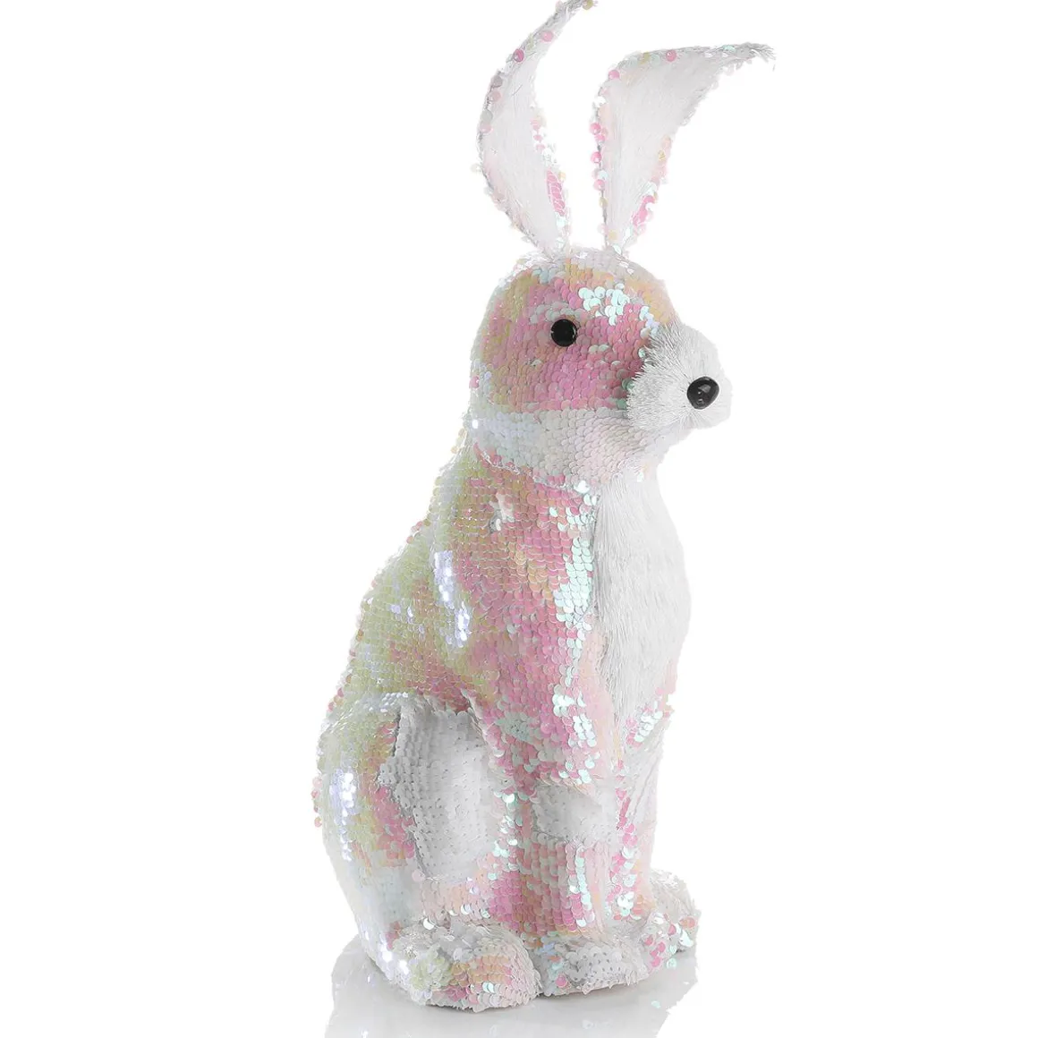 Conejo De Pascua Decorativo Con Lentejuelas Reversibles Blanco Iridiscente 42 Cm