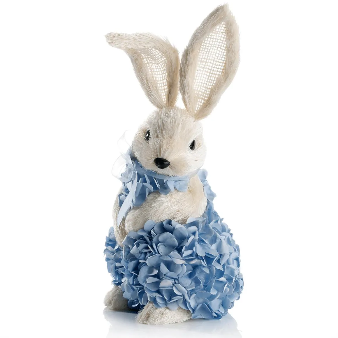 Conejo De Pascua Decorativo De Espuma Dura Y Sisal Con Vestido De Hortensias Azul 30 Cm
