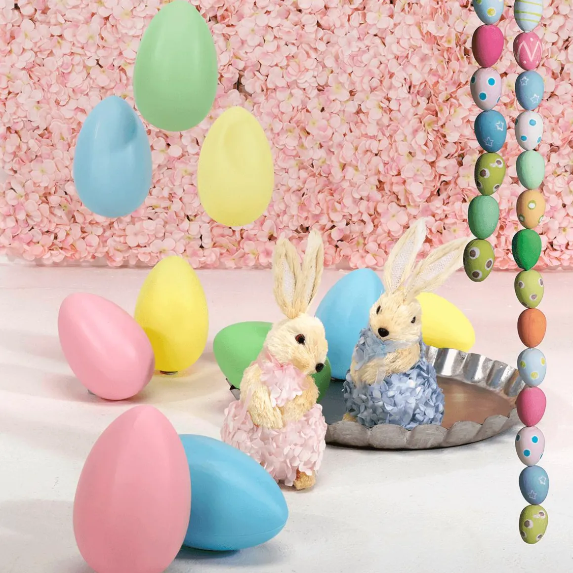 Conejo De Pascua Decorativo De Espuma Dura Y Sisal Con Vestido De Hortensias Azul 30 Cm