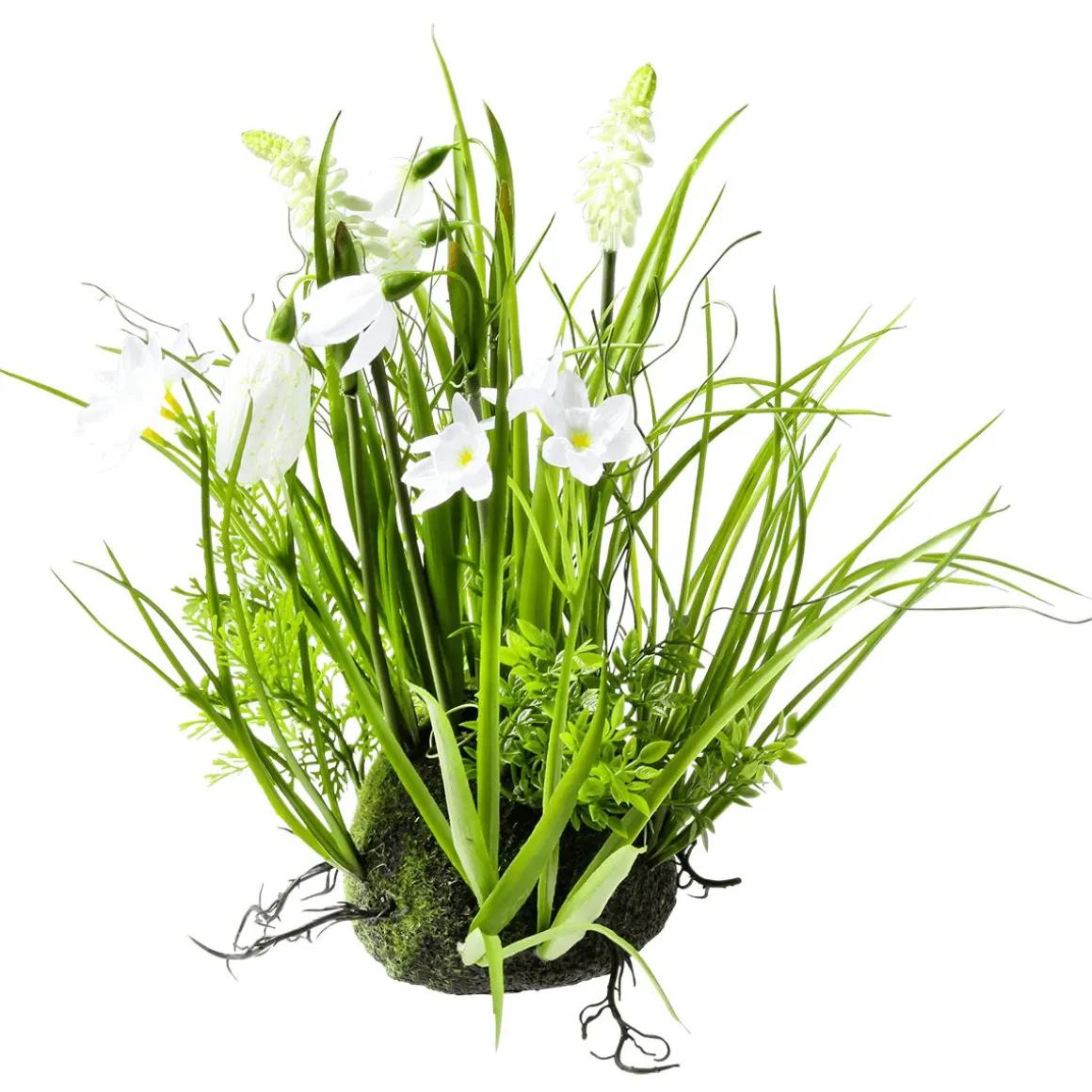 Hemisferio De Musgo Artificial Con Flores De Primavera, Blanco, 30 Cm