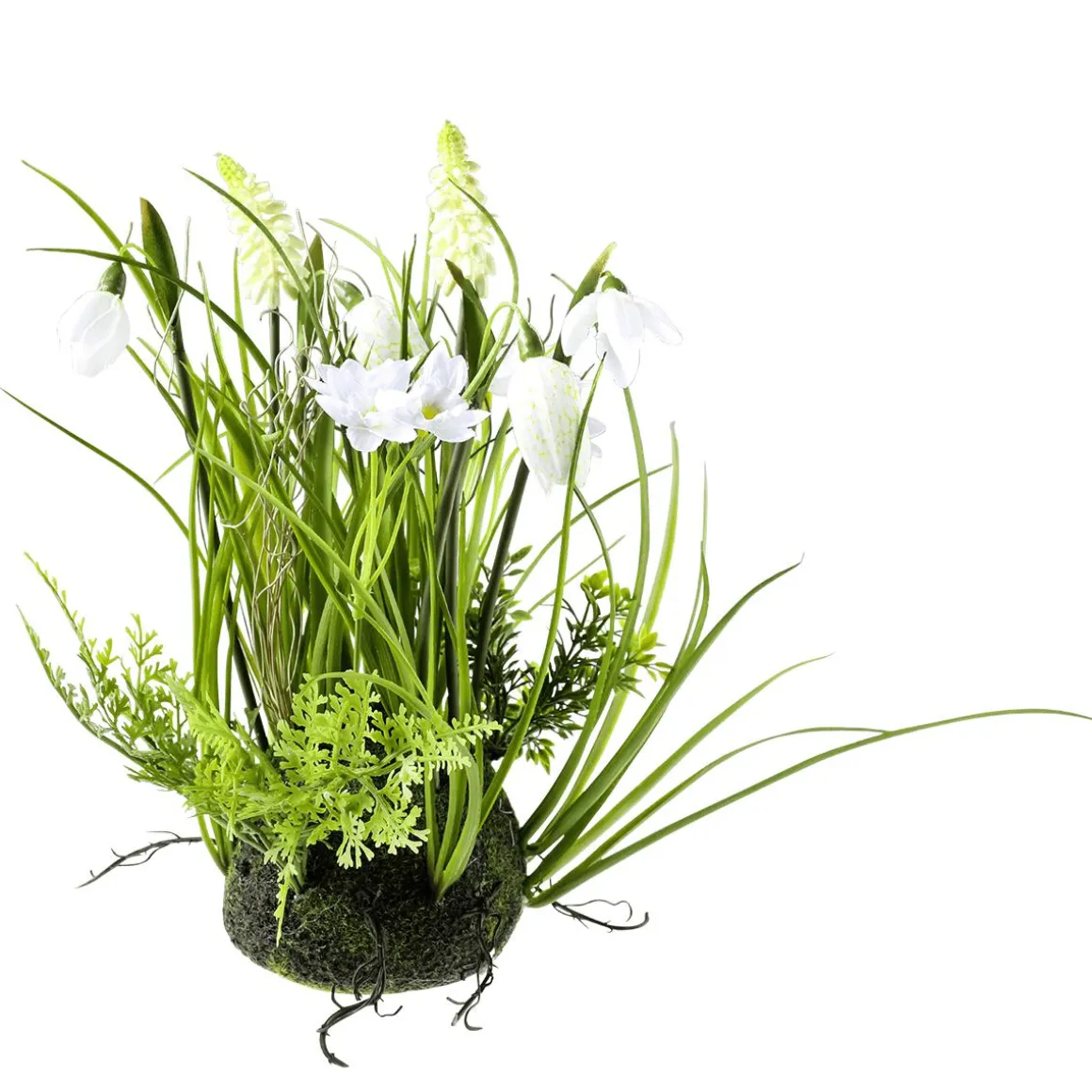 Hemisferio De Musgo Artificial Con Flores De Primavera, Blanco, 30 Cm