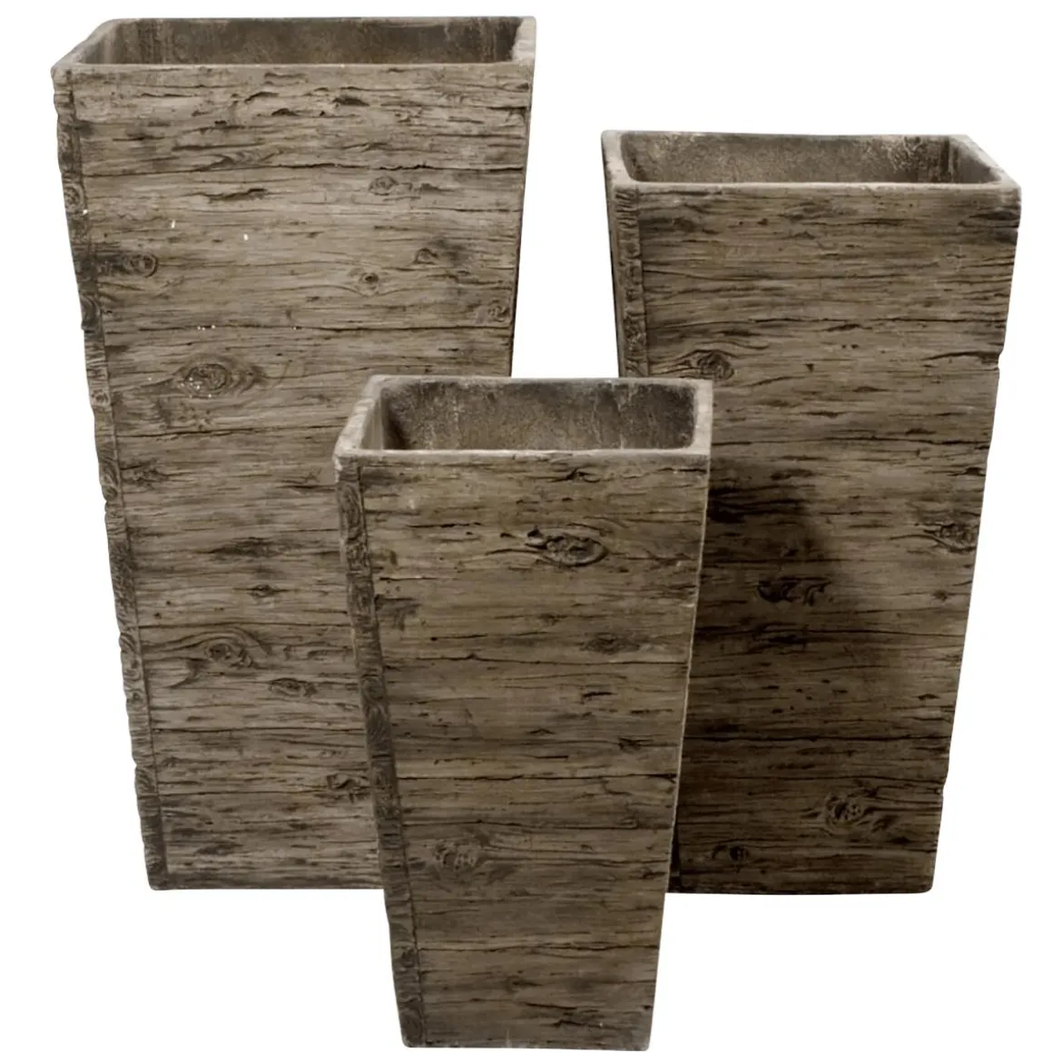 Juego De Macetas De Fibra De Vidrio Marrón, Aspecto De Madera 50, 65, 75 Cm De Altura