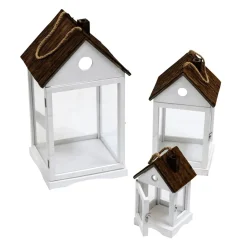 Linterna Casas De Madera Set 3 Piezas Blanco Marrón