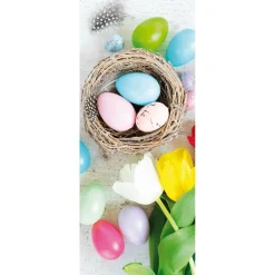 Pancarta De Tela Ignífuga Huevos De Pascua De Colores Y Tulipanes Tela De Bandera 75 X 180 Cm