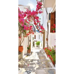 Pancarta De Tela Ignífuga "Callejón Del Mediterráneo Con Buganvilla" De Tela De Bandera 100 X 200 Cm