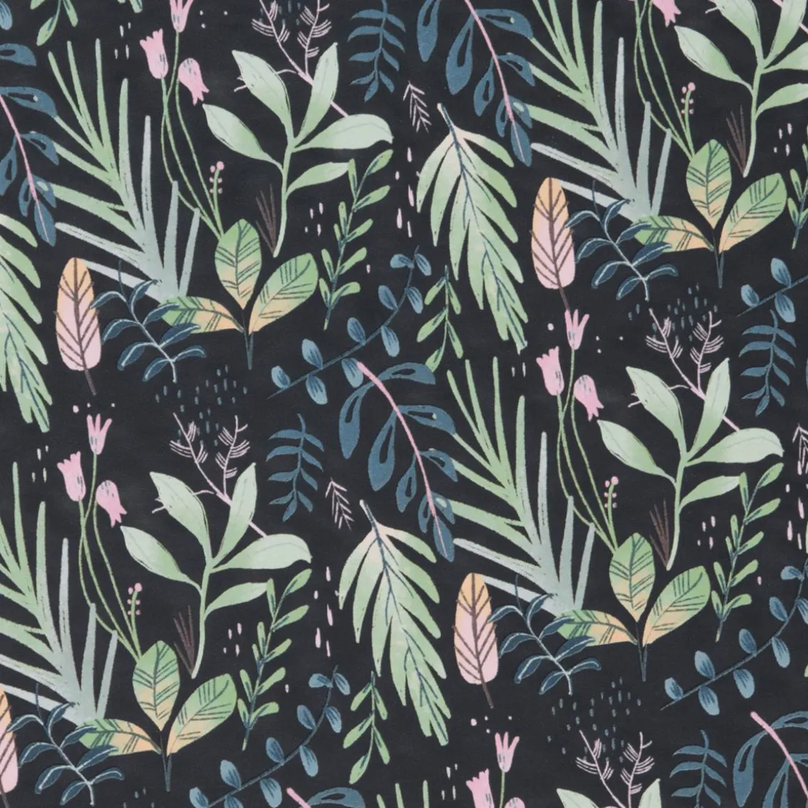Papel De Envolver Sostenible, Negro, Con Hojas En Verde, Petróleo Y Rosa - Bobina De Papel De Envolver De 50 M