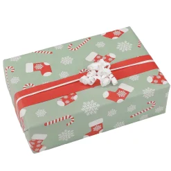Papel De Regalo De Doble Cara Bastones De Caramelo Y Calcetines, Menta / Rojo