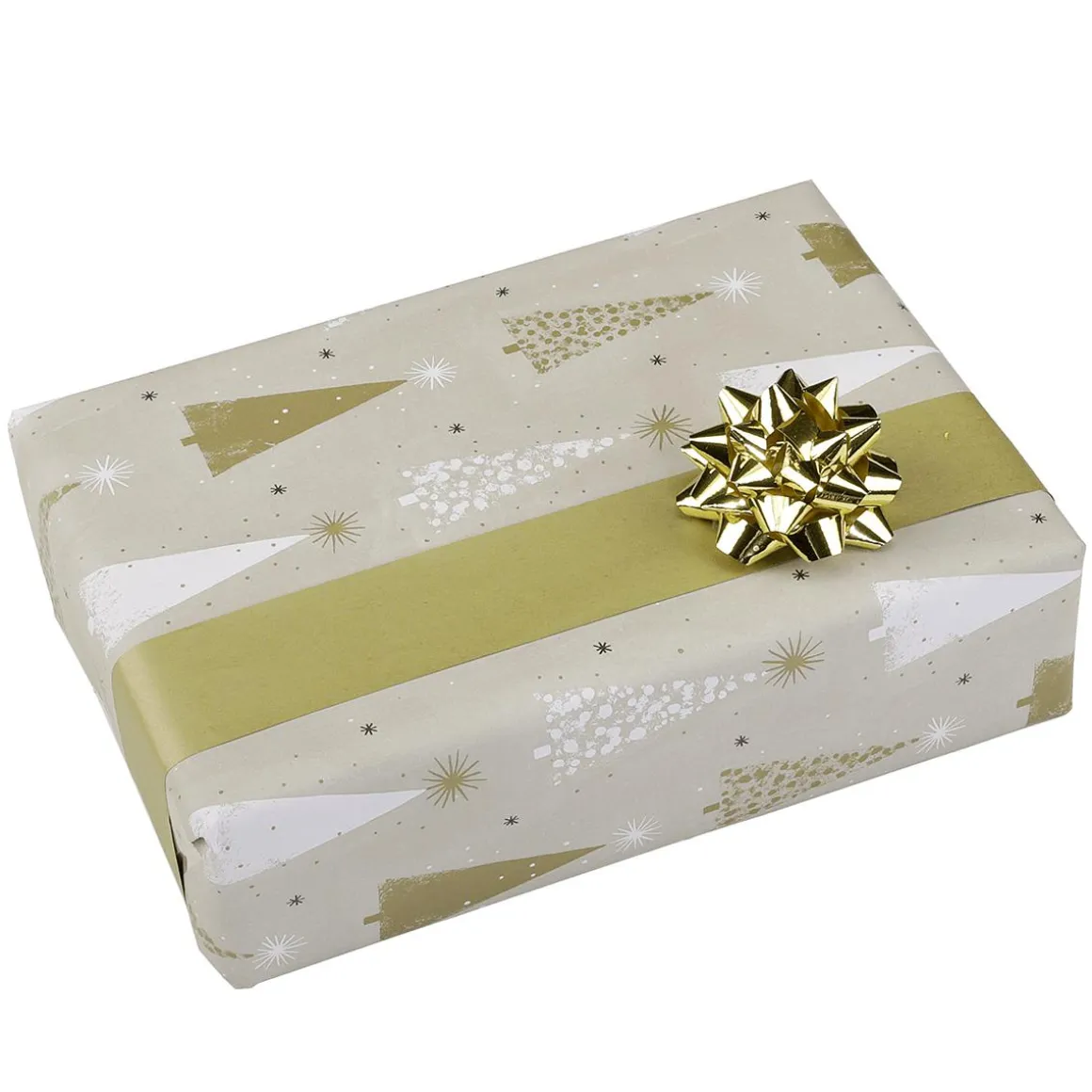 Papel De Regalo Doble Cara Árboles De Navidad Dorado / Crema
