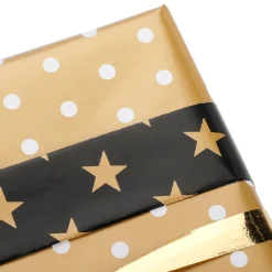 Papel De Regalo Navideño De Doble Cara Con Estrellas Y Puntos Negros Y Dorados - Rollo De Papel De Regalo De 50 M