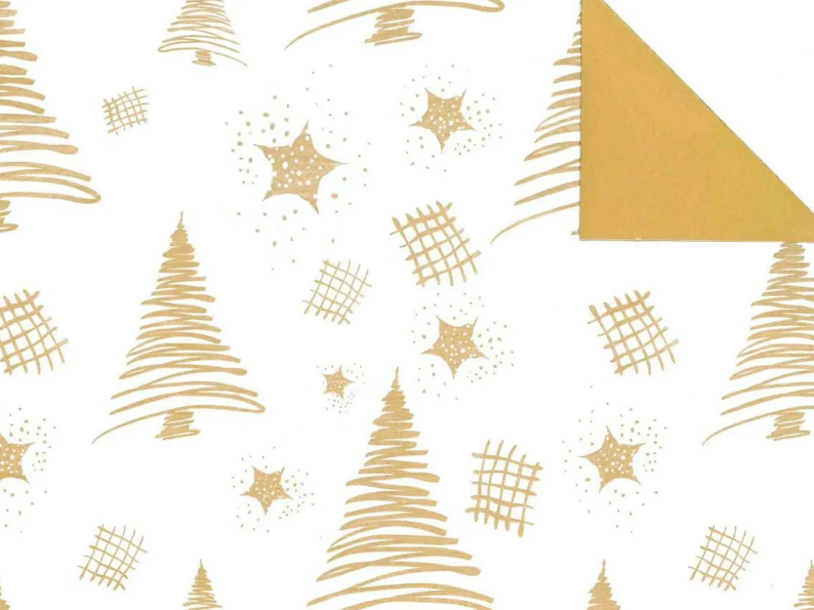 Papel De Regalo Navideño Sostenible De Doble Cara Con Abetos Y Estrellas En Dorado - Bobina De Papel De Regalo De 50 M