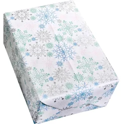 Papel Kraft Blanco Con Copos De Nieve En Azul Claro, Rosa, Plata Y Menta - Rollo De Papel De Regalo De 50 M