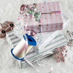 Papel Kraft Blanco Con Copos De Nieve En Azul Claro, Rosa, Plata Y Menta - Rollo De Papel De Regalo De 50 M