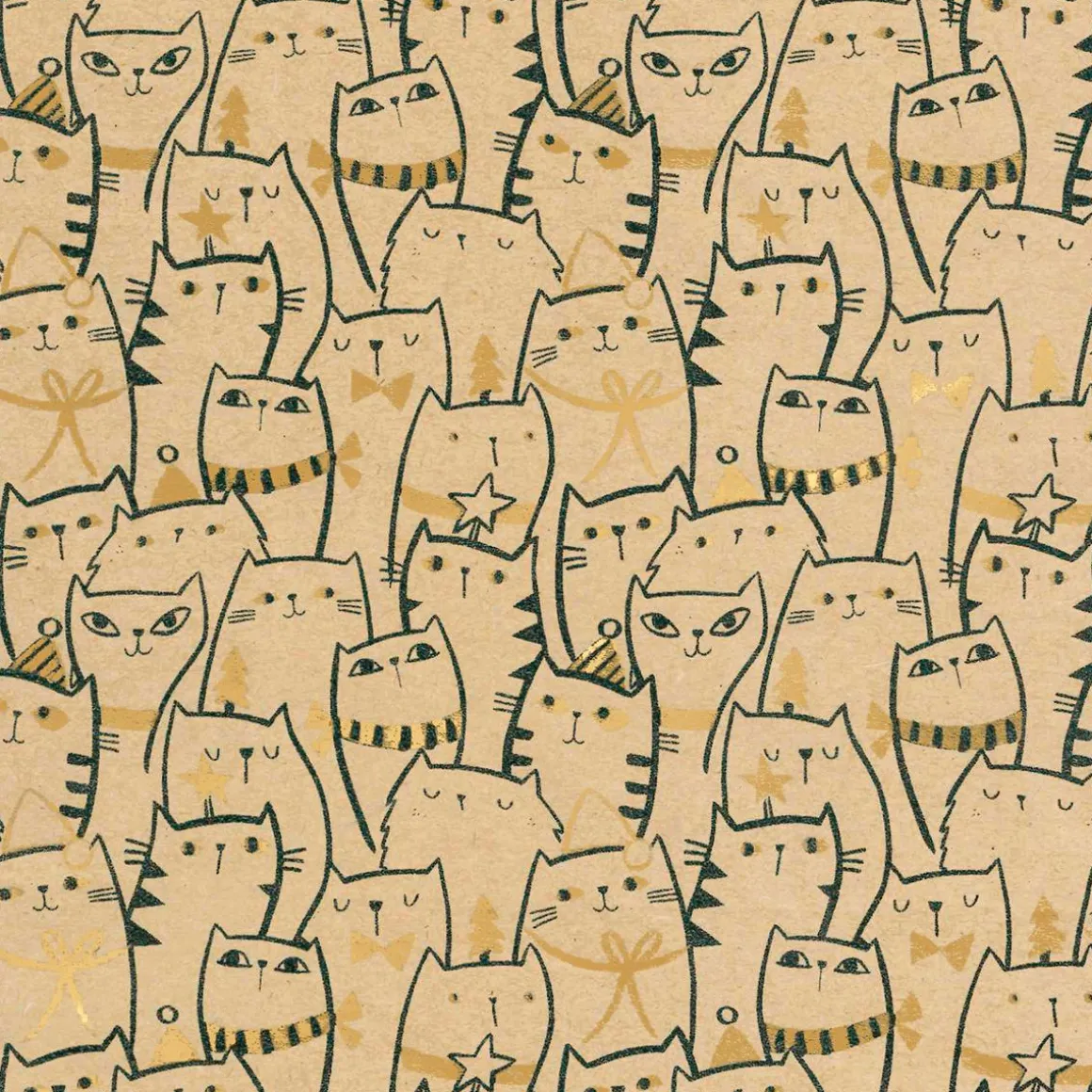 Papel Kraft Reciclado Con Gatos Y Detalles Dorados - Rollo De Papel De Regalo De 50 M