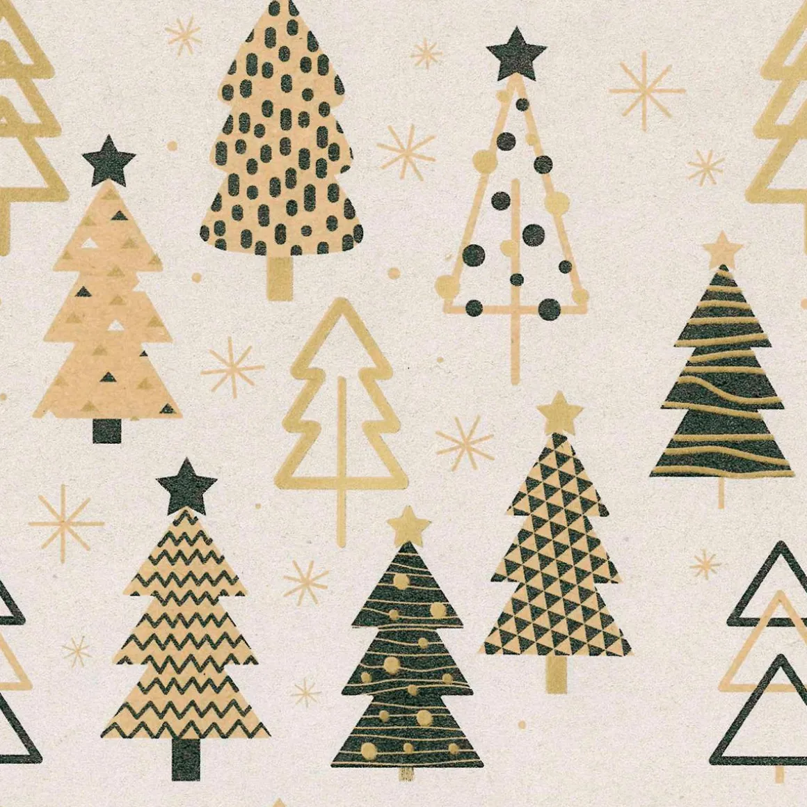Papel Kraft Reciclado Con árboles De Navidad En Beige, Negro Y Dorado - Bobina De Papel De Regalo De 50 M