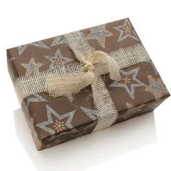 Papel Kraft Reciclado Marrón Oscuro Con Estrellas Plateadas - Rollo De Papel De Regalo De 50 M