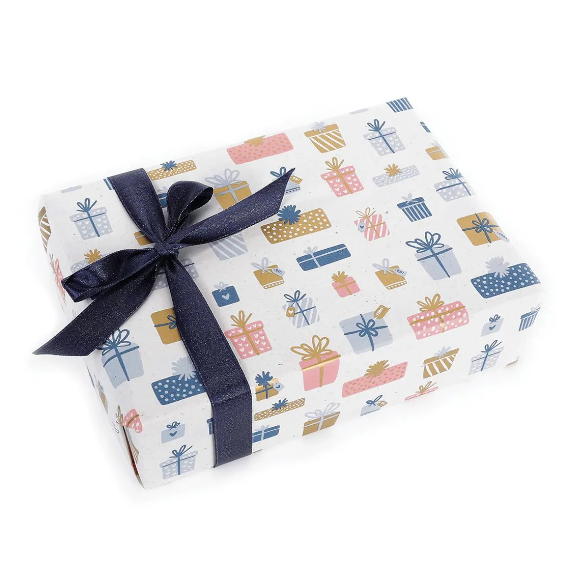 Papel Kraft Sostenible De Remolacha Azucarera Con Regalos Rosa, Azul Y Dorado - Rollo De Papel De Envolver De 50 M
