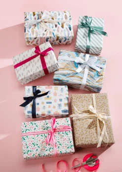 Papel Kraft Sostenible De Remolacha Azucarera Con Regalos Rosa, Azul Y Dorado - Rollo De Papel De Envolver De 50 M