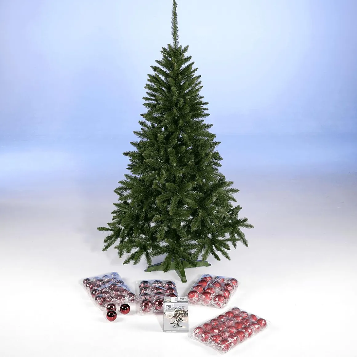 Paquete Económico Árbol De Navidad 180 Cm Con Adornos De Plástico Rojos Y Luces De Hadas