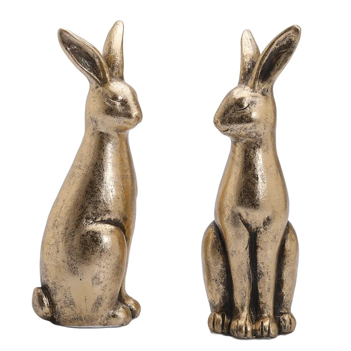 Pareja De Conejos De Pascua De Cerámica Dorada 2 Piezas