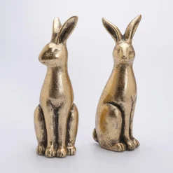 Pareja De Conejos De Pascua De Cerámica Dorada 2 Piezas