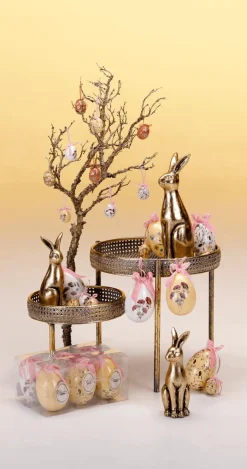 Pareja De Conejos De Pascua De Cerámica Dorada 2 Piezas