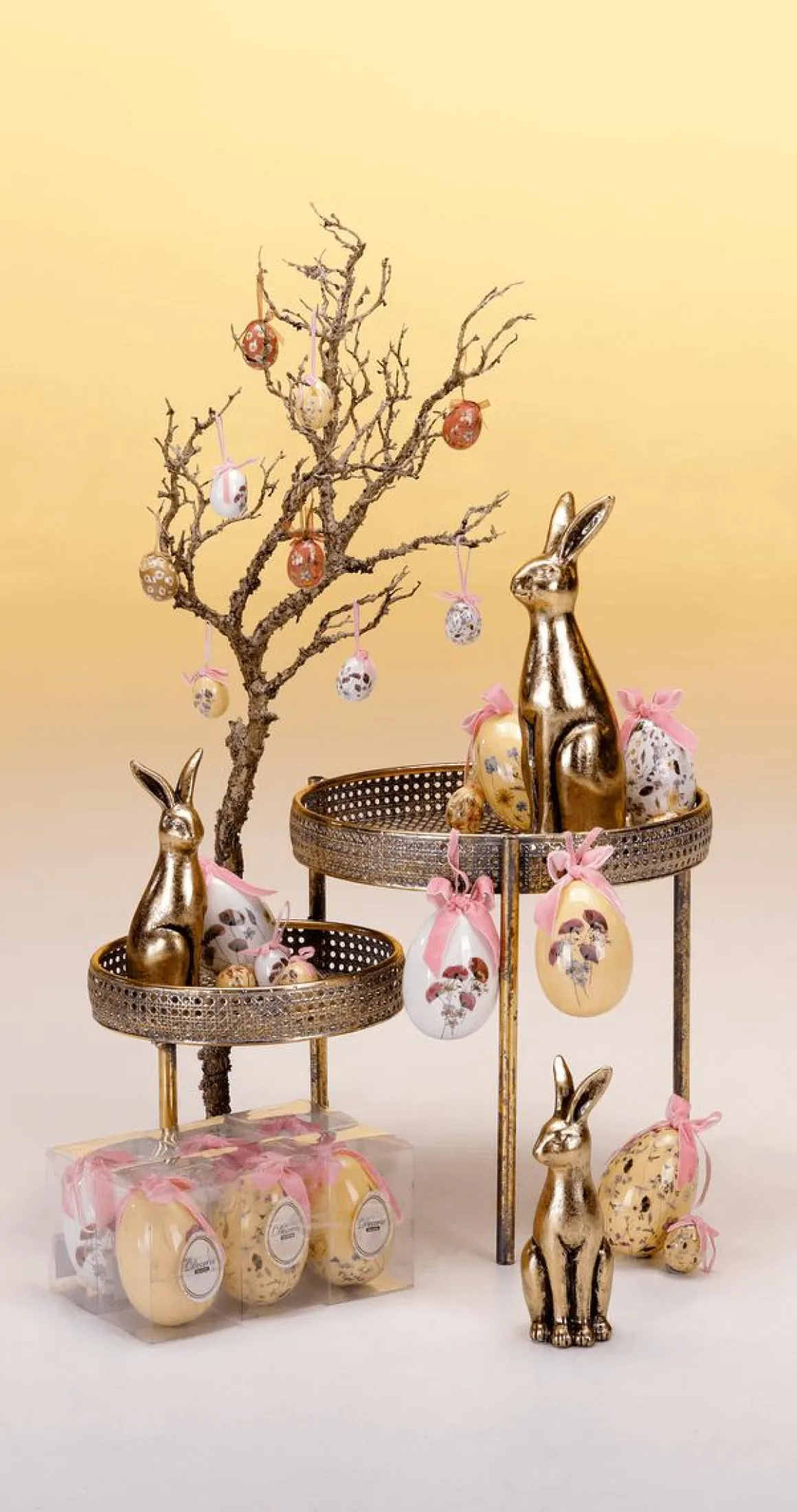 Pareja De Conejos De Pascua De Cerámica Dorada 2 Piezas