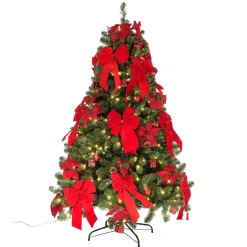 Árbol De Navidad Artificial Decorado Con LED, Adornos Navideños Rojos, Lazos, Flores De Navidad Y Pequeños Regalos 180 Cm