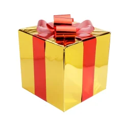 Regalo De Navidad 40 Cm Dorado Con Lazo Rojo