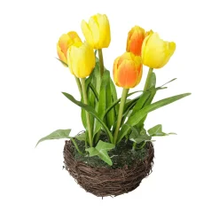 Tulipanes Artificiales En Cesta Amarilla, 20 Cm