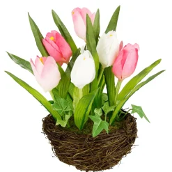 Tulipanes Artificiales En Cesta Rosa, 25 Cm