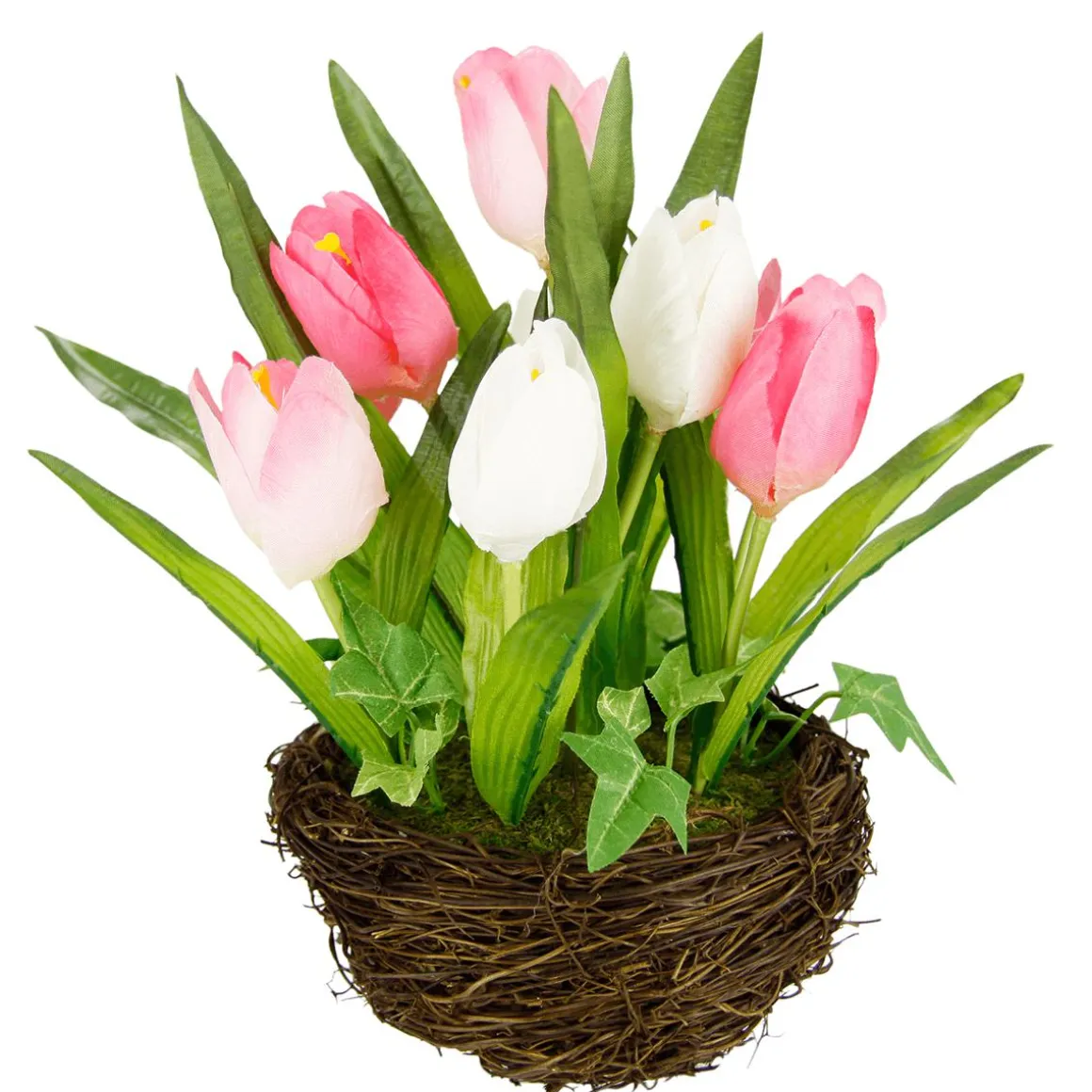 Tulipanes Artificiales En Cesta Rosa, 25 Cm